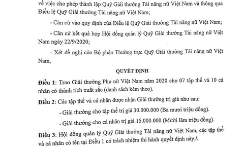 Hội LHPN Việt Nam công bố Quyết định Trao Giải thưởng Phụ nữ Việt Nam năm 2020